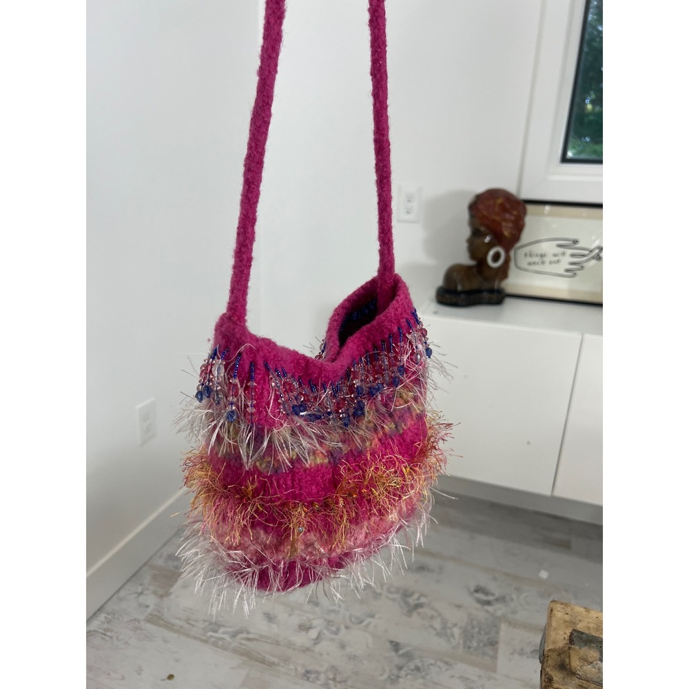 Handmade Pink Felted Wool Boho Shoulder Bag Beaded Eyelash Fringe Hot Pink